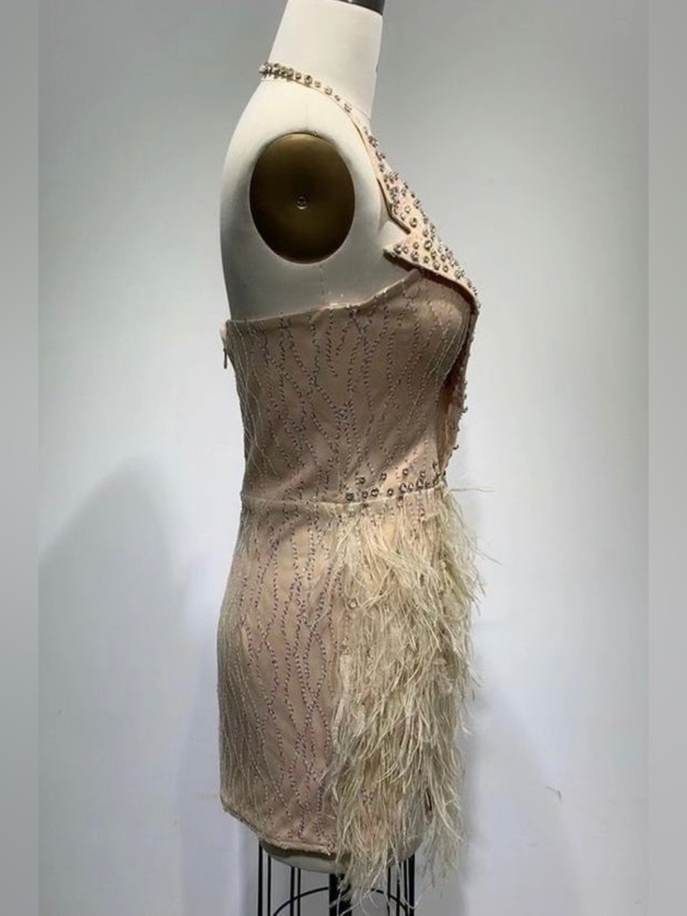 Elegant Feathered Halter Mini Dress in Champagne - Picture 8 of 14